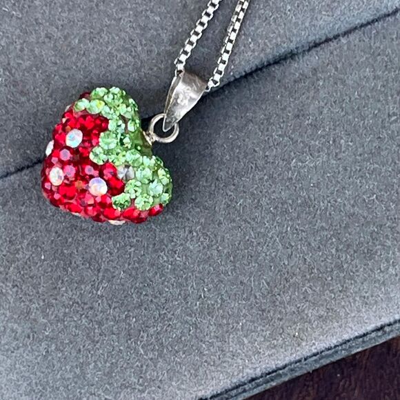 90s Sterling Silver Rhinestone Strawberry Necklace in Sterling Silver Fruit - Picture 4 of 10